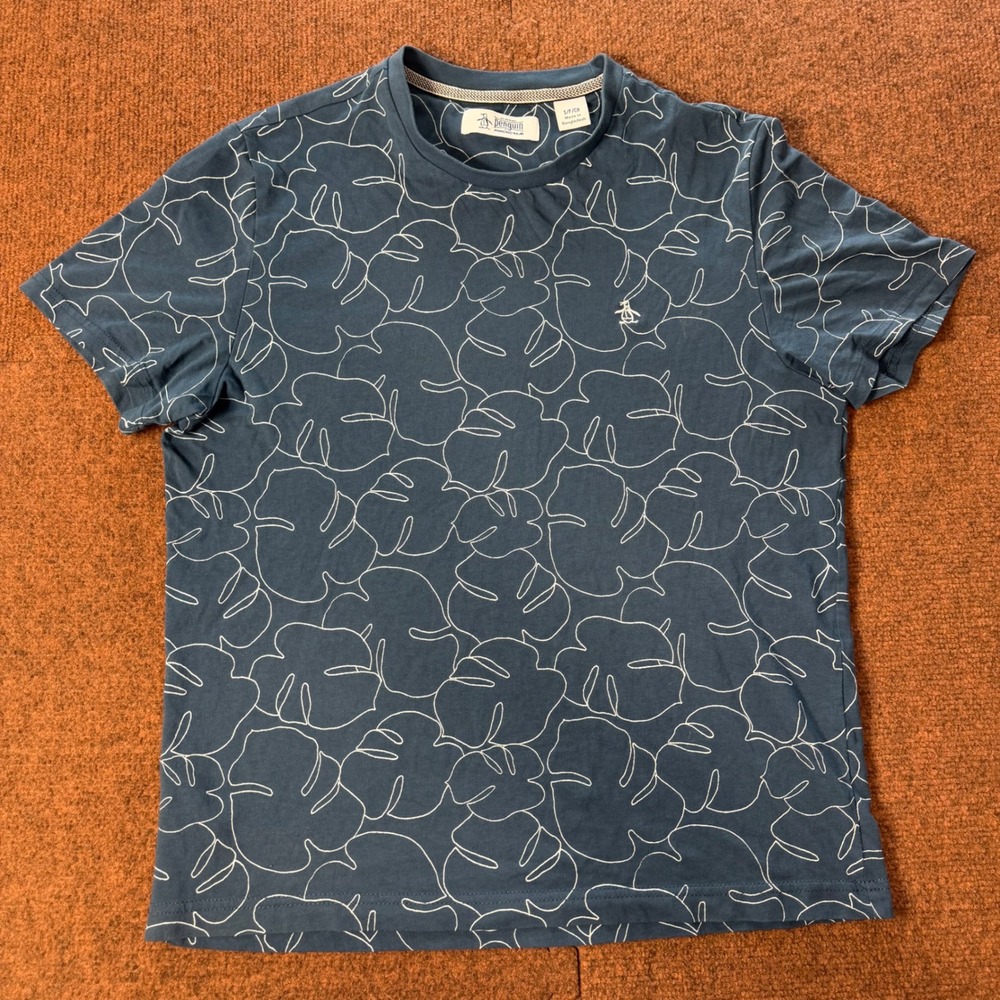 A+ Original Penguin Mens Blue Tropical Leaf Print T-Shirt Short Sleeve Small